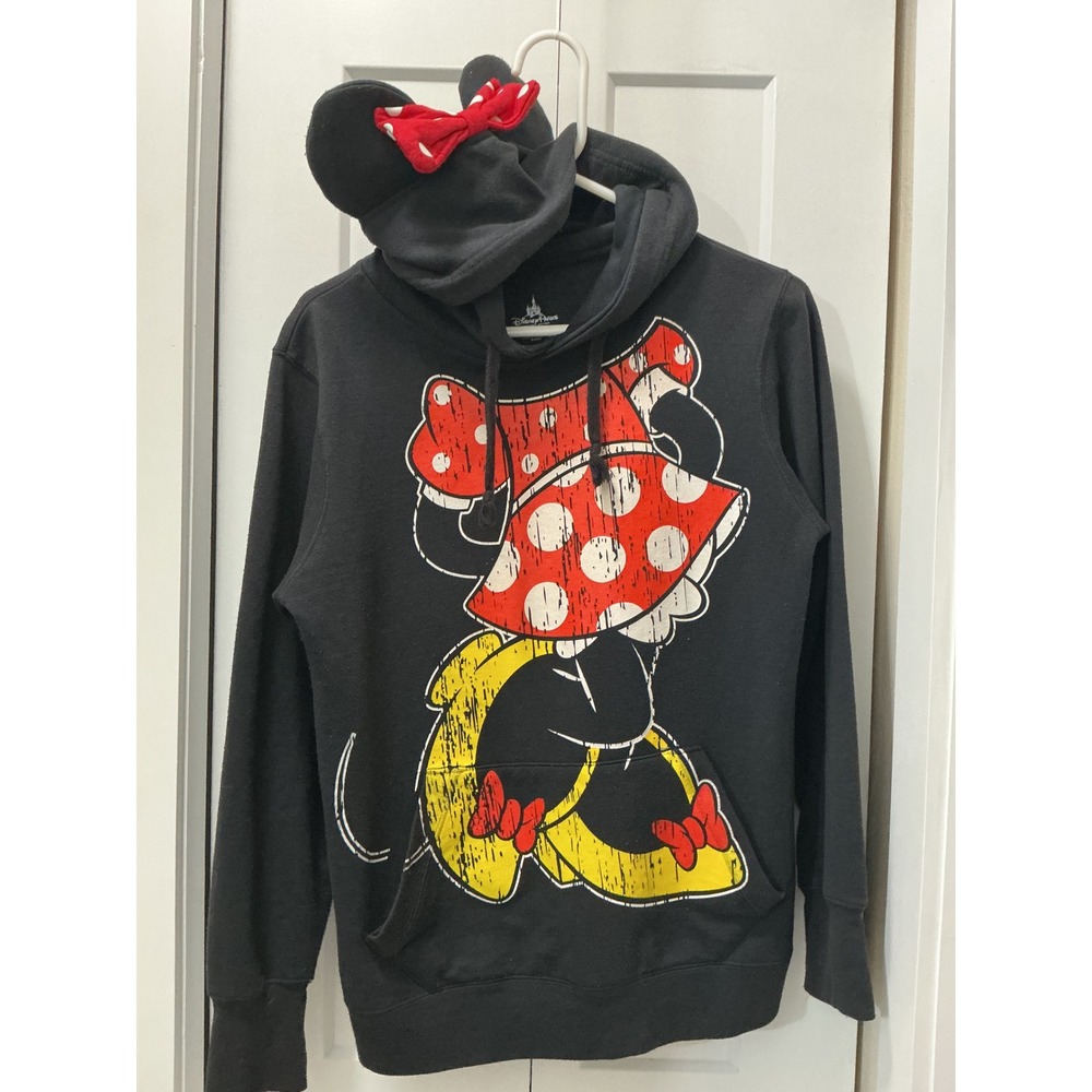 Disney Parks Minnie Mouse Ear Hooded Sweatshirt Black Graphic Hoodie Womens M